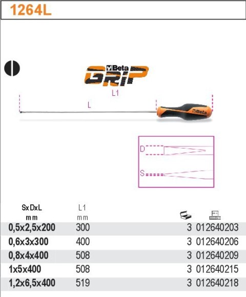 WKRĘTAK PŁASKI DŁUGI WĄSKI, BETAGRIP, 1264L 5X400MM, BETA WKRĘTAK PŁASKI DŁUGI WĄSKI, BETAGRIP, 1264L 5X400MM, BETA