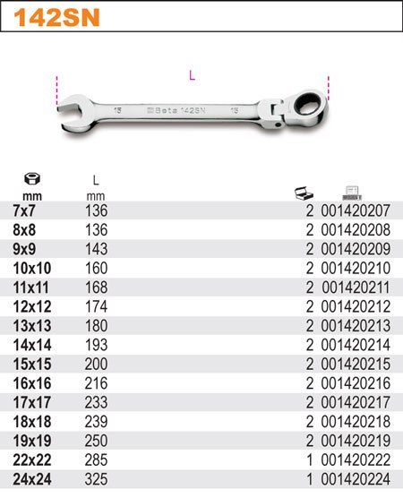 Klucz płasko-oczkowy z dwukierunkowym mechanizmem zapadkowym z przegubem 10mm 142SN/10 Beta Klucz płasko-oczkowy z dwukierunkowym mechanizmem zapadkowym z przegubem 10mm 142SN/10 Beta