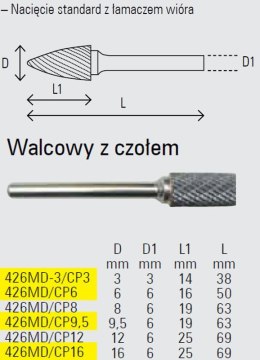 Pilnik obrotowy z węglika walcowy z czołem 3mm 426MD-3/CP3 Beta