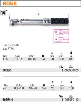 Klucz dynamometryczny 1/4" klikowy 2-10 Nm 605E/10