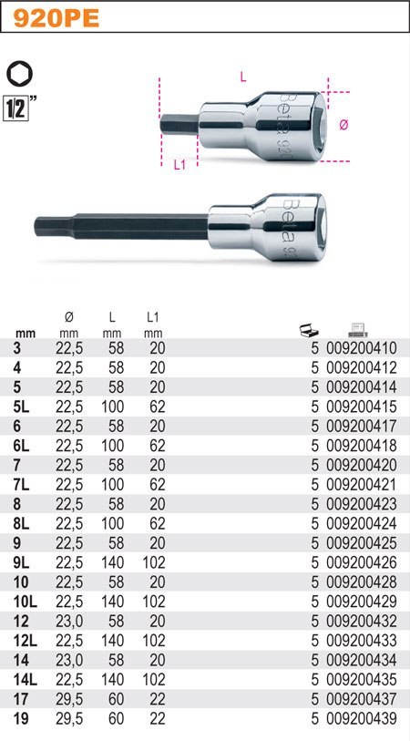 NASADKA 1/2" KOŃCÓWKA TRZPIENIOWA DŁ.7MM. 920PE/7L Beta NASADKA 1/2" KOŃCÓWKA TRZPIENIOWA DŁ.7MM. 920PE/7L Beta