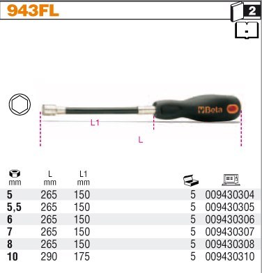 Klucz nasadowy z rękojeścią z trzpieniem giętkim 5.5mm 943FL/5.5 Beta Klucz nasadowy z rękojeścią z trzpieniem giętkim 5.5mm 943FL/5.5 Beta