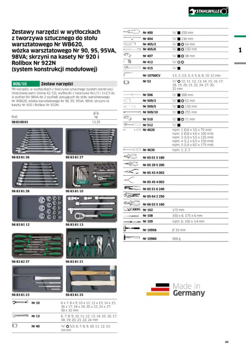 Zestaw 99 narzędzi 806/10 w modułach ABS do wózków warsztatowych 98830001 Stahlwille Zestaw 99 narzędzi 806/10 w modułach ABS do wózków warsztatowych 98830001 Stahlwille